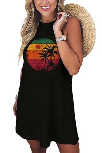 Image of Sun Salt Sand Coconut Tree Tank Mini Dress for Women Sleeveless Beach Praty Shirts Summer Vacation Short Mini Dresses