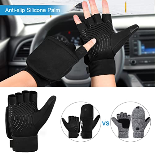 EEFOW Winter Fingerless Gloves for Men and Women: Cold Weather Windproof Warm Waterproof Lightweight Touch Screen Mittens - Black (S/M/L), Spandex, Lycra, PU Conductive Fabric, Silicone - Image 6