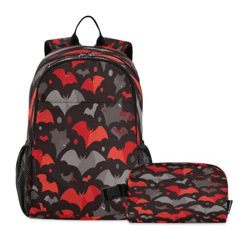 Sac à dos Halloween noir rouge chauves-souris sac d'école garçon avec lunch bag