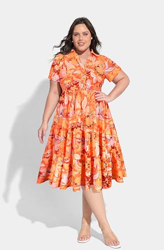 Image of CARCOS Plus Size Dresses for Curvy Women Collared Vneck Short Sleeve Dresses Midi Summer Ruffle Dress with Pocket XL-5XL