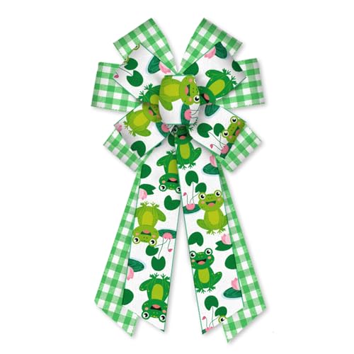 On-Airstore Large Summer Frog Wreath Bows Cartoon Animal Burlap Bows for Wreath, Green Buffalo Plaid Ribbon Bows Frog Decor Bows for Back to School Indoor Outdoor Decoration Wreath Ornament Supplies