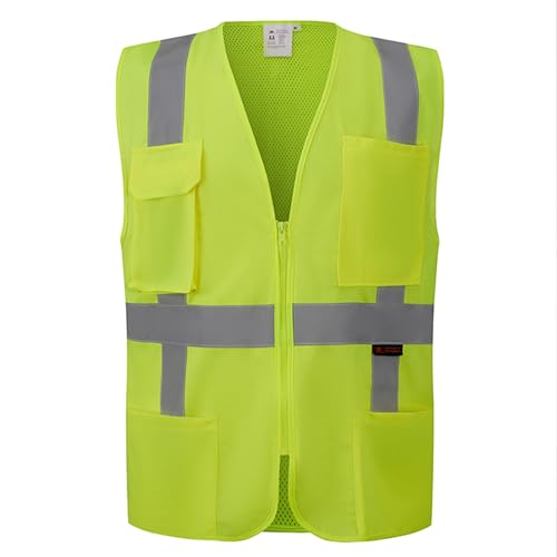 3C Products SV2100, ANSI/ISEA Class 2, High Visibility Surveyor Mesh Safety Vest, Reflective, Zipper, Pockets, Neon Green,5XL