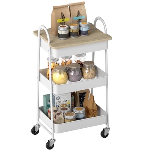 HOMCOM Desserte Cuisine, Chariot de Service à 3 Niveaux, avec Plateau supérieur, paniers en Maille, poignées, Chariot de Rangement à roulettes pour Salon,...