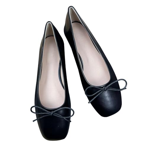 JiangWei Shu Women's Casual Ballet Flats Square Toe Bow Flats Comfortable Slip-On Loafers Shoes for Work