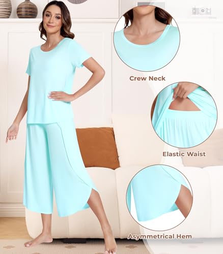 Image of NACHILA Pajamas Set for Women Short Sleeve Sleepwear with Capri Pants Cool Pjs Soft Loungewear,Viscose Made from Bamboo