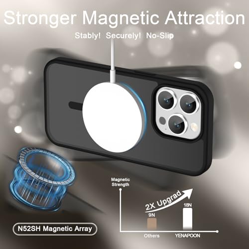 Image of YENAPOON for iPhone 15 Pro Max Case, Matte Magnetic Phone Cover [with 1 Screen Protector] [Support for MagSafe] [Shockproof Military Grade Protection] Translucent Frosted Back, Black