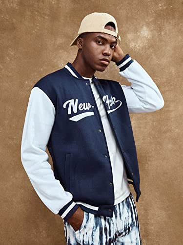 Floerns Men's Letter Graphic Print Long Sleeve Color Block Baseball Jacket Blue And White M #TOP3