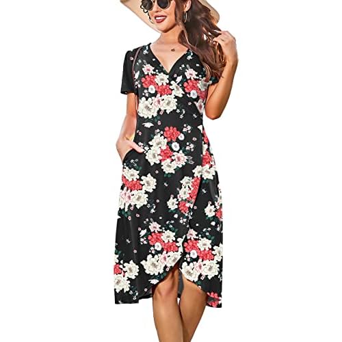 HUSKARY Women Summer Casual Midi Dresses Short Sleeve V Neck Drawstring Knee Length T Shirt Dress with Split and Pocket Army Green Small