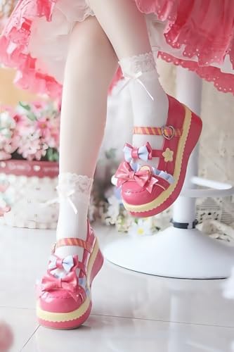 Women Lolita Shoes Heel Mary Jane Lace Pumps with Bow Kawaii Cute Cosplay Wedge Boots Cross Strap Block Heel Sweet Style4