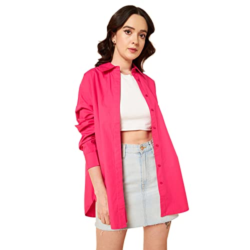 HIGH STAR Women's Solid Oversized Shirts (HSWSHS23001_Pink XXL)