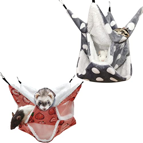 Image of LEFTSTARER Triple-Layer Sugar Glider Hammock Small Pet Animal Cage Accessories Bed for Rat Guinea Pig Ferret Hamster Chinchilla Playing Sleeping (1pcs Grey &1pcs Strawberry)