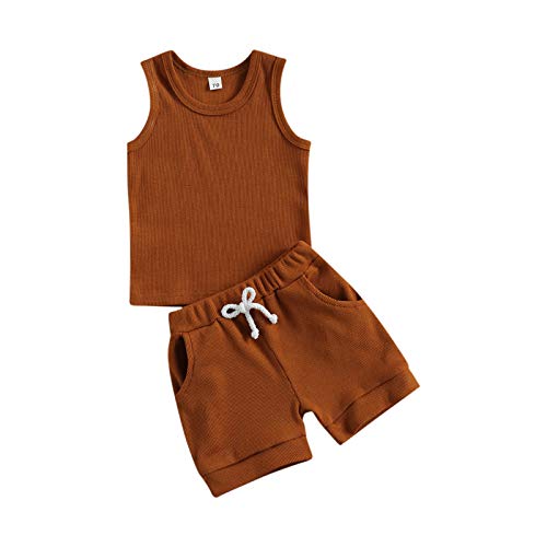 Infant Baby Boys Short Set Short Sleeve T-Shirt Top/Tank Top + Short Pants Outfit 2Pcs Summer Casual Clothes 0-3T (B Brown, 18-24M)