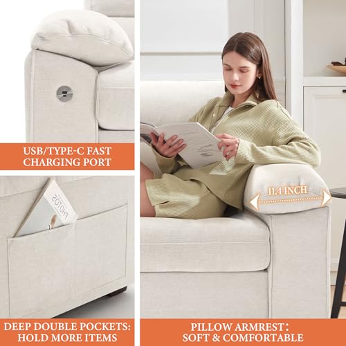 Image of Ihanherry 90.5 inch Modern Sofa 2-Seater Couch for Living Room, Chenille Pillow-Armrest with Extra Large Seat Width, USB /Type-C Charging Port & Side Pocket, Removable Medium Firm Cushion(Beige)