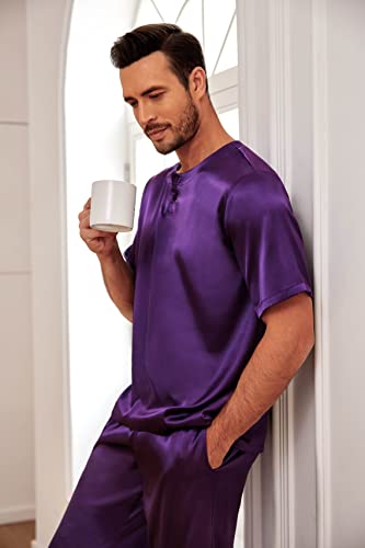 Ekouaer Men's Satin Pajamas Long Pants Short Sleeve Button-Down Night Shirt Silk Pj Set Soft Sleepwear Purple Large #TOP1