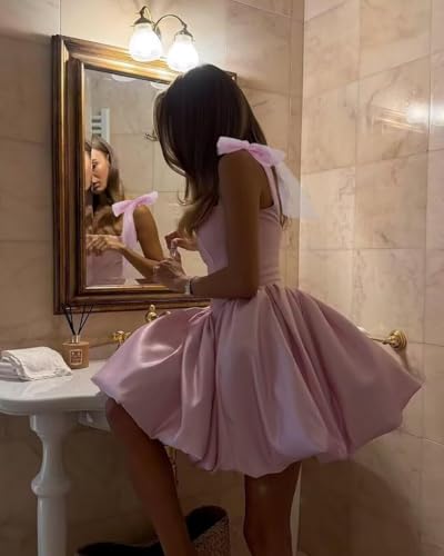 Satin Flower Bud Homecoming Dresses for Teens Short A Line Casual Mini Cocktail Party Gown with Bow3