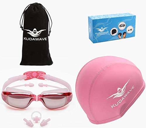 KUDAWAVE 3 in 1 Swimming Goggles | Swimming Cap for Men/Women | Anti-Fog UV Protection Mirrored Wide Vision | Ear Plugs | Adult Swim Goggles | Teens/Kids Swim Googles | Swimming Glasses