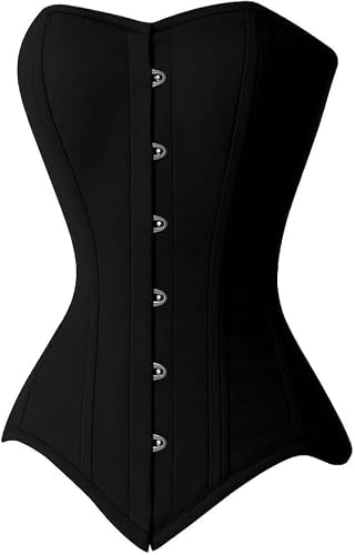 Heavy Duty Steel Boned Overbust Waist Trainer Corset – Black Cotton Shapewear, 20 Bones, Body Shaping with Modesty Panel (US, Alpha, Small, Regular, Regular, Black)
