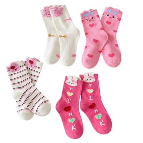 Toddler Socks, 4 Pair Girls Autumn Winter Bowknot Cuff Socks Comfortable Cotton Ankle Sock Kids Sock set