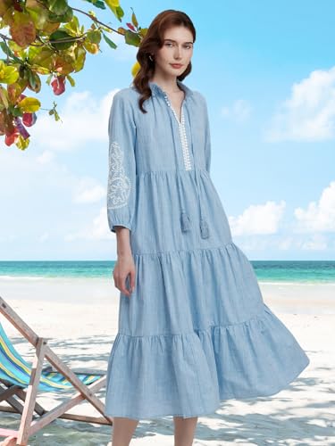 D-Sun Women Long Sleeve Maxi Dress V Neck Embroidered Tiered Ruffle Shirt Dress Casual Fall Flowy Long Beach Dresses2