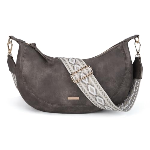 Gladdon Umhängetasche Damen Halbmond,Half Moon Bag Schultertasche Elegant Handtasche mit breitem Gurt Stilvoll Crossbody Tasche(Grau)