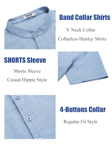 COOFANDY Camiseta Henley Hombre Manga Corta Camiseta de Verano con Botones Henley T-Shirt Playa Vacaciones Casual Transpirable Ligera Camisas Estilo Cuello V Ropa Regular Fit Azul Claro L