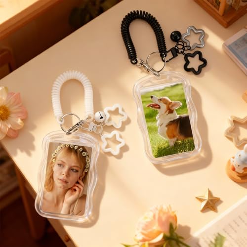 2 Stück Photocard Holder Keychain, Star Bells Ausweishalter Ausweishülle, ID Card Holder Fotokartenhalter mit Spring Rope, Kartenhülle für Ausweis, Idol Photo Display und Buskarte (Weiß, Schwarz)