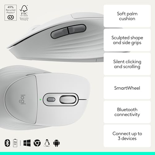Image of Logitech Signature Comfort Plus M850 L Wireless Mouse, Bluetooth Mouse with Palm Cushion, Silent Clicks, 24-Month Battery, Customizable Buttons, for Windows, Mac, iPad - Off White