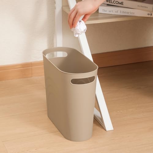 Image of rejomiik Small Trash Can, Slim Garbage Can Plastic Waste Basket with Handles 3.5 Gallon Container Bin for Narrow Spaces Bathroom, Bedroom, Kitchen, Office at Home, 2 Pack Khaki