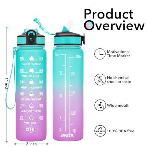 Image of Hyeta 32 Oz Water Bottle with Times to Drink and Straw, Motivational Time Marker Sports Bottle, Leakproof & BPA Free, 1 Liter Reusable for Fitness, Gym & Outdoor Activities, Green-Purple
