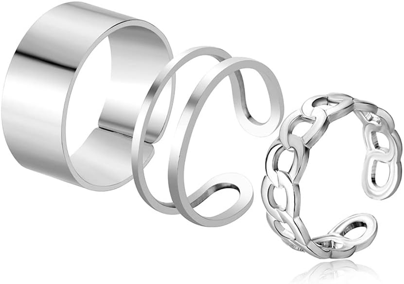 Jemant Ring Set for Women Adjustable 925 Sterling Silver 3 Pcs Vintage Silver Simple Stylish Minimalist Hippie Trendy Wide Hollow Two Line Ring Set for Women Birthday V Day Gift