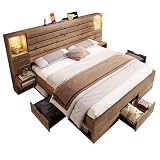 DRIXNO Polsterbett 180×200 cm, Doppelbett mit LED-Downlights und USB Type-C, Bettrahmen mit Schwebende Nachttische, Unterbett-Stauraum mit Schubladen, Eichenoptik, ohne Matratze