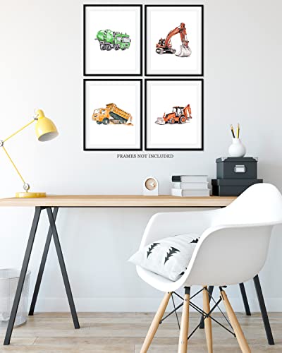 Boy's Bedroom Construction Vehicles Wall Art - Set Of 4 Modern Nursery Room Decor For Boys - Toy Room And Playroom Wall Art For Boys - Great Gift For Kids Bedroom - 8X10 Unframed Prints #TOP6