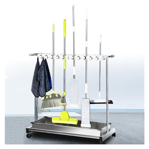 GOCHUSX Mop Rack with Wheels, Movable Broom Holder, Hand Trucks Broom, Commercial Cleaning Tool Cart, Garden Tool Storage for Put Wet Mops (Color : Black, Size : 67x51x102cm(10slots))