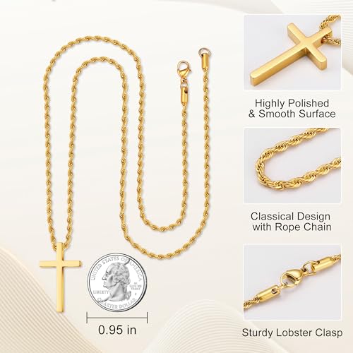 Cross Necklace - Stainless Steel Black Silver Gold Cross Pendant, Men's 16-24 Inch Rope Chain4