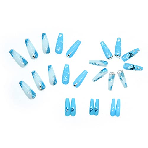 Qingge Blue Press On Nails Long Length Coffin Fake Nails With Cloud Butterfly Glitter Design Fashion Glossy Acrylic Nails Stick On Nails Tips Glue On Nails False Nails For Women 24Pcs #TOP4