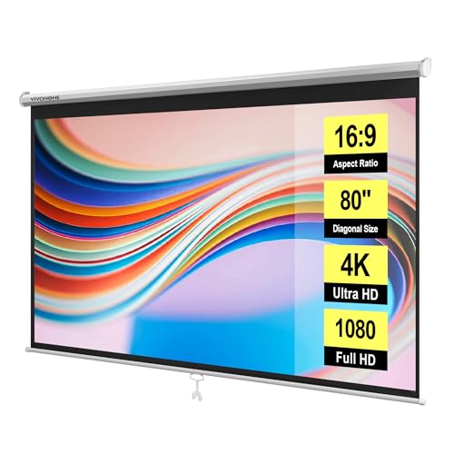 VIVOHOME 80 Inch 16:9 Pull Down Projector Screen, HD 4K Retractable Movie Screen for Indoor Home Theater and Office, Manual Projection Screen with Auto Locking (70Wx40H Inch Display Area)