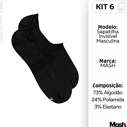 Kit 06 Pares Meias Sapatilha Super Invisível Mash Silicone Interno no Calcanhar | Preto | 39-44 | 20