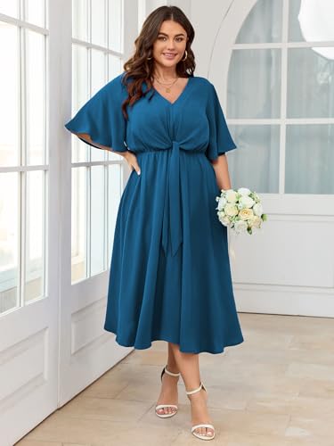 Image of SCOMCHIC Women Plus Size Midi Dresses Wedding Guest Short Sleeve V Neck Tie Waist Casual Summer Flowy A Line Dress