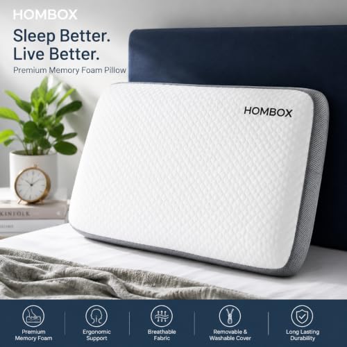 Image of HOMBOX Orthopaedic Memory Foam Pillow for Better Shoulder and Neck Support, White /Grey Fabric Queen Size, Pack of 01