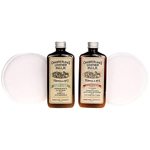 Leather Milk Auto Leather Cleaner & Conditioner Kit (2 Formula Car Detailing Set) - Straight Cleaner No. 2 + Auto Refreshener No. 4 - All Natural, Non-Toxic. Made in USA. Includes 2 Detailing Pads! Cover