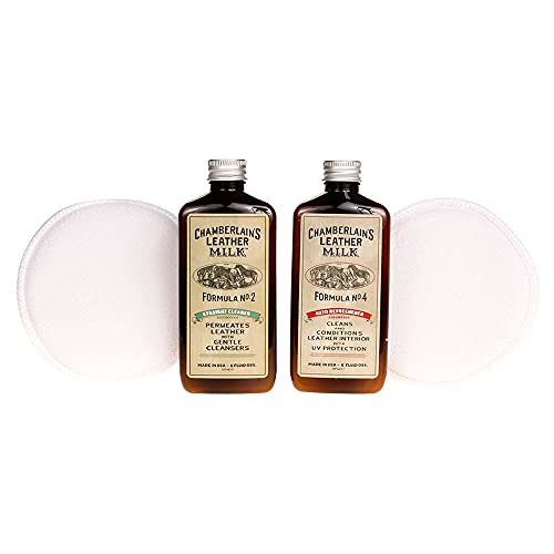 Leather Milk Auto Leather Cleaner & Conditioner Kit (2 Formula Car Detailing Set) - Straight Cleaner No. 2 + Auto Refreshener No. 4 - All Natural, Non-Toxic. Made in USA. Includes 2 Detailing Pads!