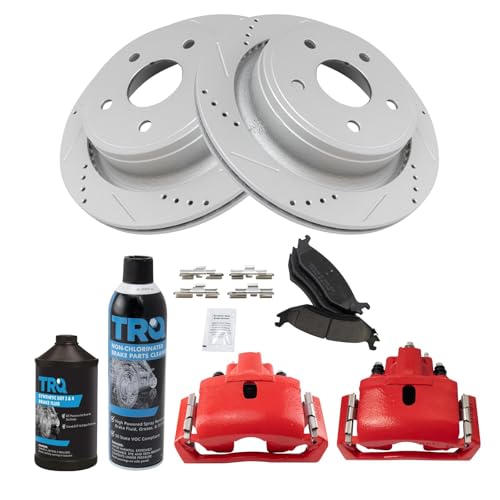 Image of TRQ Performance Rear Performance Brake Pad & Rotor Kit Ceramic Premium G-Coated Slotted X Drilled Compatible with 2007-2009 Chrysler Aspen 2004-2009 Dodge Durango 2002-2010 Ram 1500 2011-2018 Ram 1500