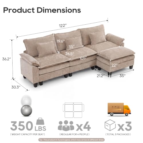 Image of URRED Oversized Modular Sectional Sofa，Khaki：122 inch L Shaped