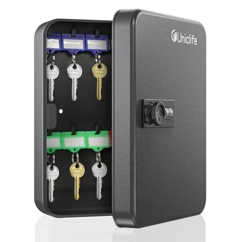 Uniclife 20 Position Key Cabinet with Combination Lock Resettable Black Digital Security Storage Box Steel Key Organizer with Colorful Key Tag Labels Stickers and Hooks