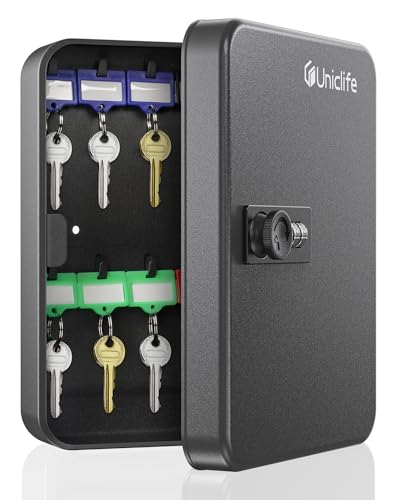 Uniclife Armario para 20 Llaves Con Cerradura de Combinación Reseteable - Caja de Seguridad Digital Negra - Organizador de Acero Con Etiquetas Adhesivas de Colores y Ganchos