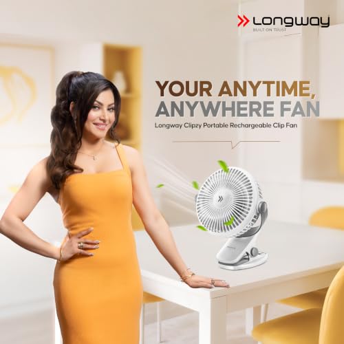 Image of LONGWAY Clipzy Portable Rechargeable Clip Fan with 360 Rotation | 3 Speed Control | BLDC Motor | Type-C Charging | Silent Operation Table Fan for Home, Office & Travel | 1 Year Warranty (White)