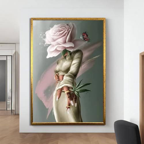 Œuvre d'art unique pour la maison portrait de femme abstrait et toile de rose 60x90
