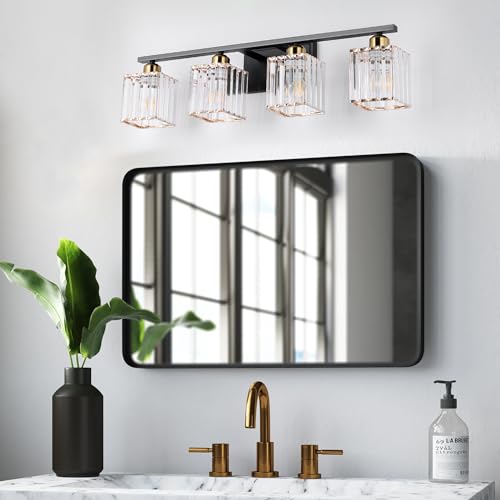 Image of She's home 28 Inch Black Gold Vanity Light for Bathroom 4 Lights, Bathroom Wall Light Fixture Over Mirror with Crystal Shade
