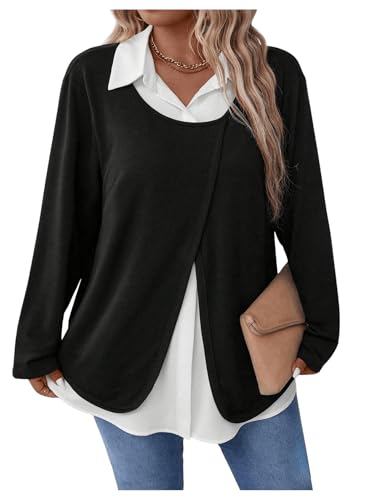 RoseSeek Women's Plus Size Color Block Fake Two Piece Blouses