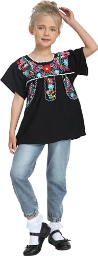 Image of YZXDORWJ Mexican Blouse for Girls Traditional Embroidered Summer Short Sleeve Peasant Blouse for Kids